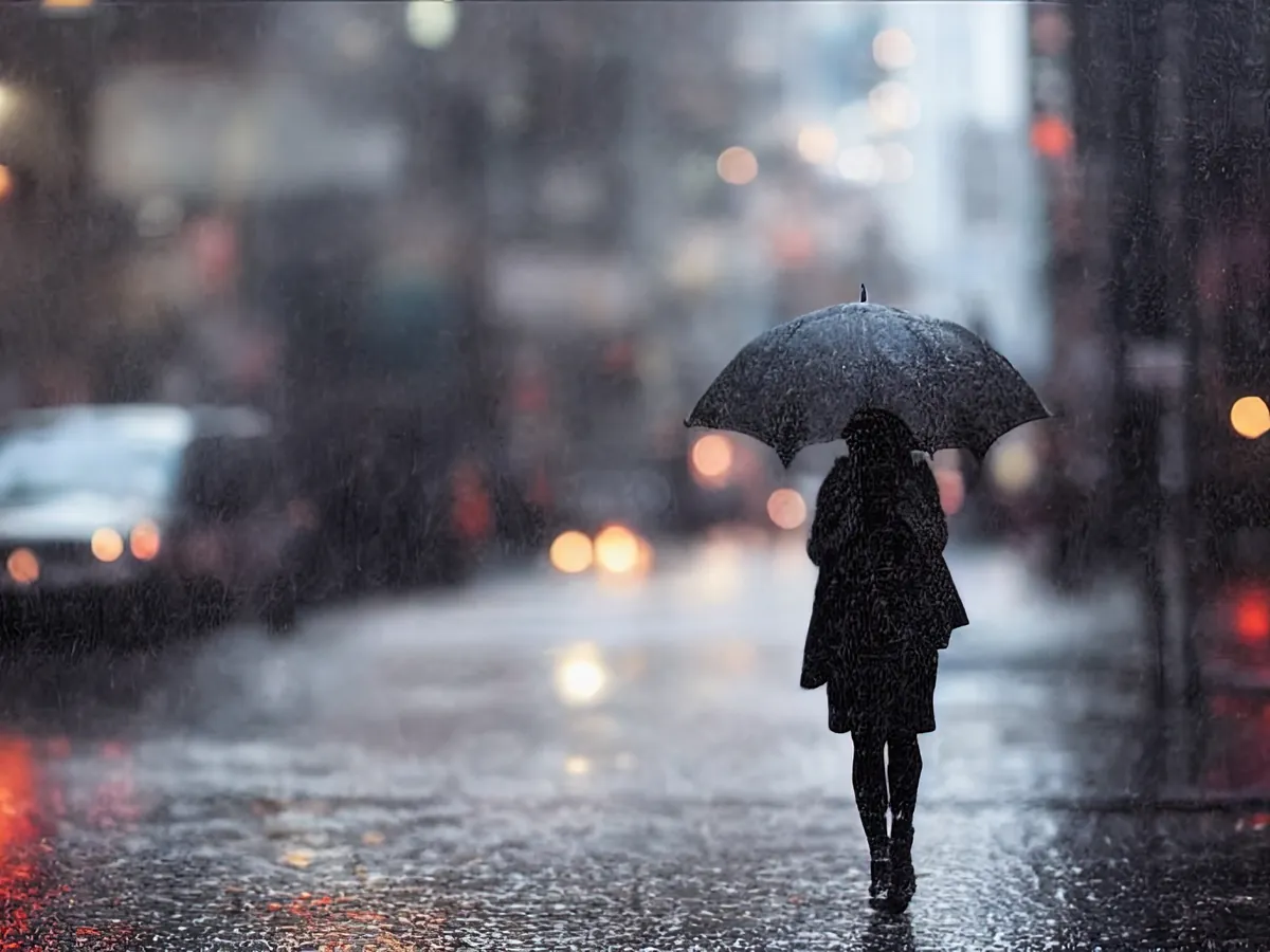 Woman walking through the rain with an umbrella on a grey city day