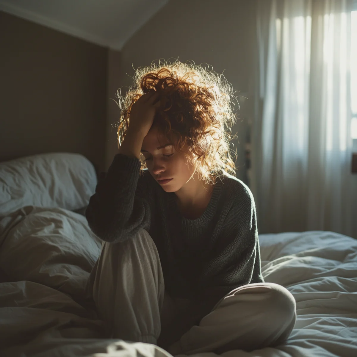 Tired woman sitting on the edge of her bed in morning light, weighed down by exhaustion