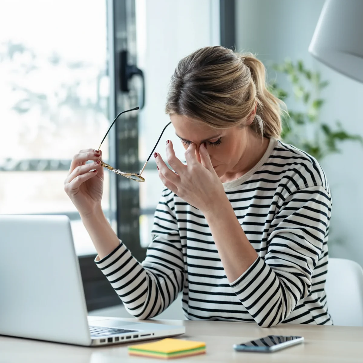Worried businesswoman at her desk, weighed down by workplace pressure
