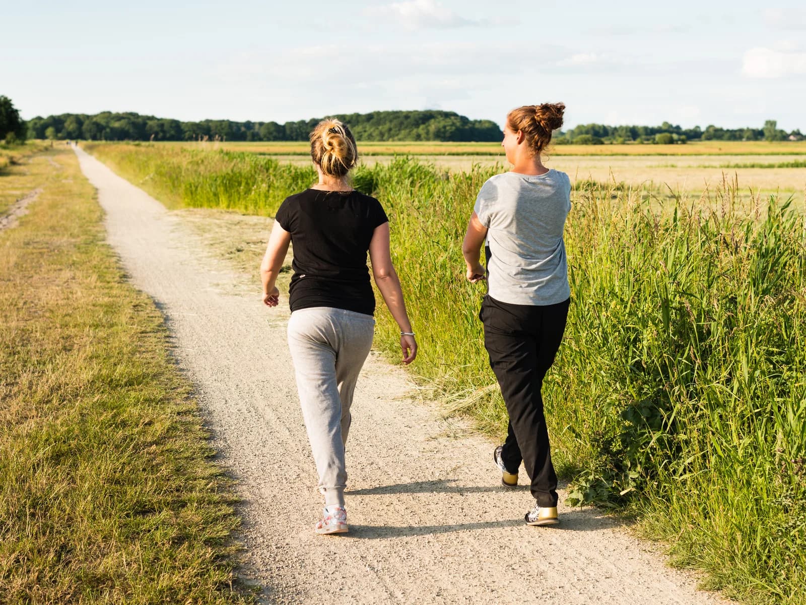 Two women walking a sunlit country path together
